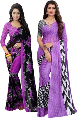 Priyashi Printed Daily Wear Georgette Saree(Pack of 2, Purple, Black)