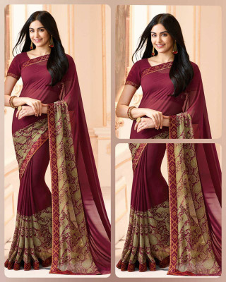 DIKONA DESIGNER Printed, Self Design, Digital Print, Embroidered, Floral Print, Solid/Plain Daily Wear Georgette, Chiffon Saree(Maroon)