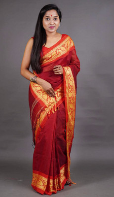 ANU INDIAN FASHION Woven, Temple Border Handloom Cotton Silk Saree(Maroon)