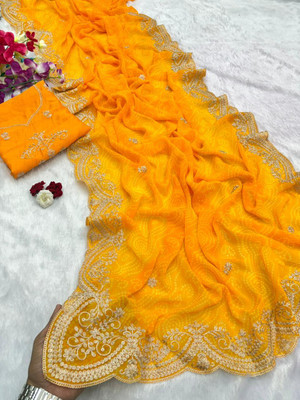 Kstabhanjan Embroidered, Printed Bandhani Georgette Saree(Yellow)