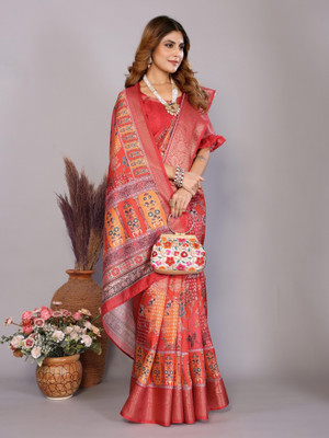 ALAGINI Printed Kalamkari Silk Blend Saree(Red)