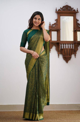 KRIYANSH Woven, Self Design, Temple Border, Embroidered Bollywood Cotton Silk, Jacquard Saree(Dark Green)