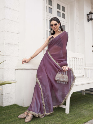 Tikhi Imli Solid/Plain Saree with Attached Blouse Polyester Saree(Purple)