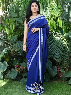 BiswasTextiles Self Design Handloom Cotton Blend Saree(Light Blue)