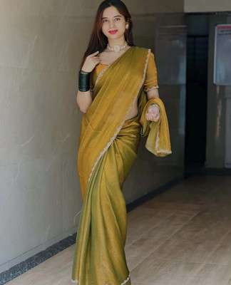 MINE CHOICE Solid/Plain, Self Design Bollywood Cotton Blend Saree(Gold)