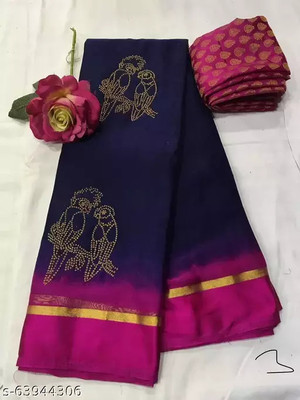 JustEthnic Embellished Bollywood Chiffon Saree(Dark Blue)