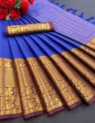 MAHADEV ENTERPRISE Woven Banarasi Cotton Blend, Silk Blend Saree(Blue)