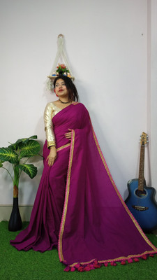RIDDHIMAN FASHION Solid/Plain Handloom Cotton Blend Saree(Purple)