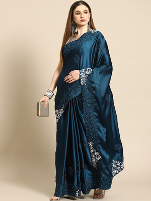 Divastri Embroidered Bollywood Satin Saree(Blue)
