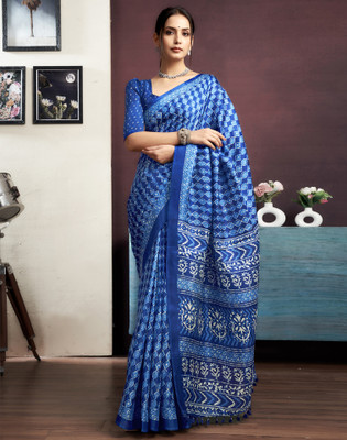 Samah Printed, Embellished Daily Wear Cotton Blend Saree(Dark Blue, White)