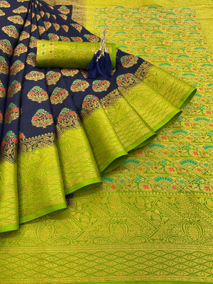 GajGajra Printed Arani Pattu Cotton Silk Saree(Dark Blue, Green)
