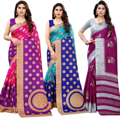 Priyashi Polka Print Daily Wear Art Silk Saree(Pack of 3, Magenta, Light Blue, Pink)