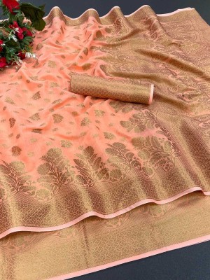 soham creation Woven Banarasi Cotton Silk Saree(Orange)