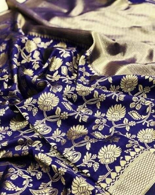Julee Printed Banarasi Jacquard Saree(Blue, Gold)