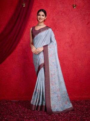 RekhaManiyar Printed Bollywood Silk Blend Saree(Grey)