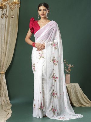 Sareemall Embroidered Bollywood Chiffon Saree(White)
