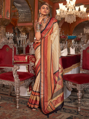 Sareemall Printed Banarasi Silk Blend Saree(Beige)