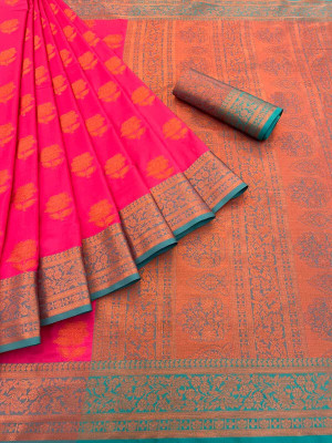 JbWorld Woven, Embellished, Self Design Banarasi Cotton Silk, Pure Silk Saree(Pink, Green)