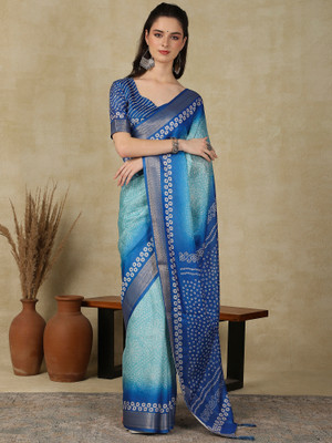 Sareemall Printed Bandhani Cotton Blend Saree(Light Blue)