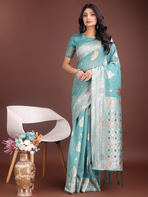 Divastri Woven Banarasi Cotton Linen Saree(Blue)
