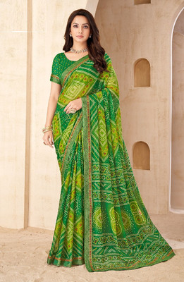 Swarne Digital Print Bandhani Chiffon Saree(Green)