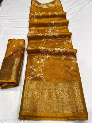 MY LOFY Floral Print Banarasi Cotton Blend Saree(Mustard)