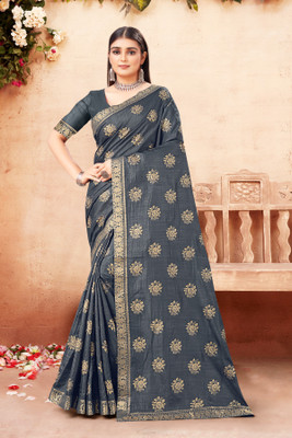 Gold Art Fashion Embellished, Solid/Plain Bollywood Art Silk Saree(Grey)