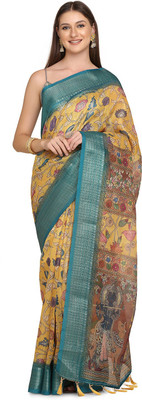 kaizen texo fab Digital Print Kalamkari Linen Saree(Multicolor)