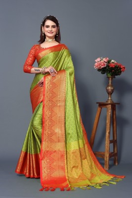 HouseOfCommon Woven Bollywood Jacquard, Art Silk Saree(Light Green, Red)