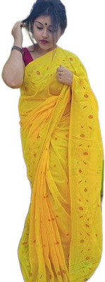 AjoyDas Embroidered Handloom Pure Cotton Saree(Yellow)