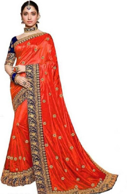 Gold Art Fashion Embellished Banarasi Silk Blend Saree(Orange)