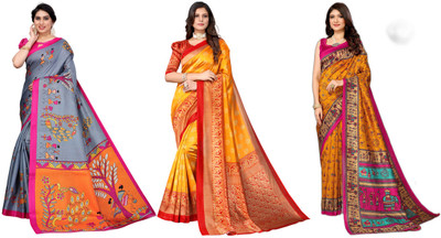 YASHIKA Printed, Woven Bollywood Art Silk Saree(Pack of 3, Grey, Yellow)