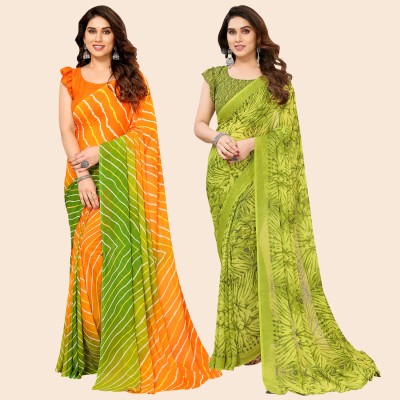 Anand Sarees Printed Daily Wear Georgette Saree(Pack of 2, Orange, Green)