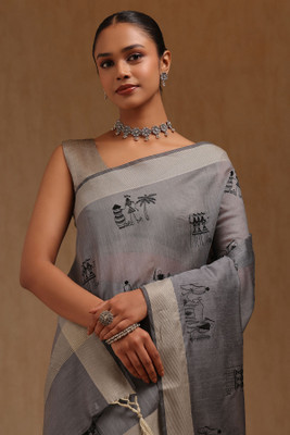 soch Printed Saree with Attached Blouse Chanderi Saree(Grey)