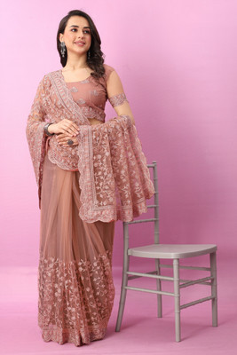 JSItaliya Embroidered Bollywood Net Saree(Beige)