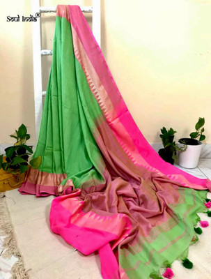 Joyguru Textile Solid/Plain Handloom Pure Cotton Saree(Green)