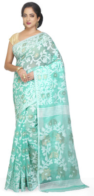BENGAL HANDLOOM Woven Jamdani Cotton Silk Saree(White)