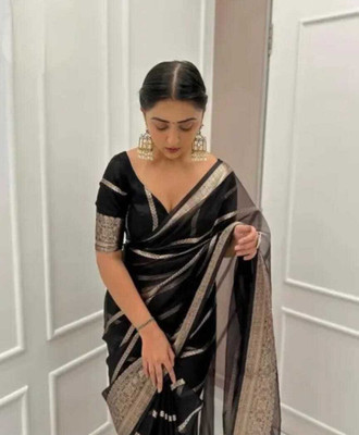 Sahiba Sarees Striped Bollywood Organza Saree(Black)