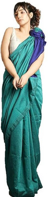 ABEight Solid/Plain Handloom Cotton Blend, Cotton Linen Saree(Light Green)