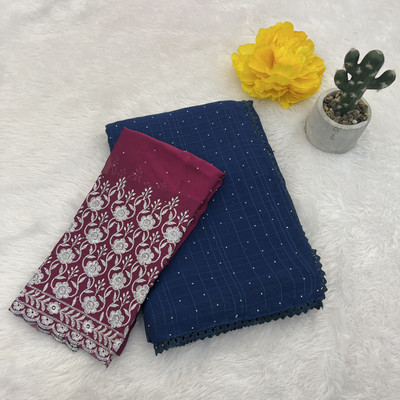 Ethina Fashion Solid/Plain Bollywood Chiffon Saree(Dark Blue)