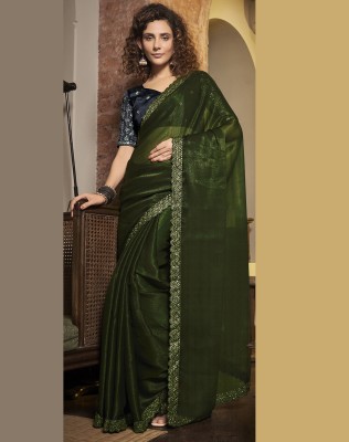 SIRIL Woven, Embroidered, Embellished Bollywood Chiffon Saree(Green)