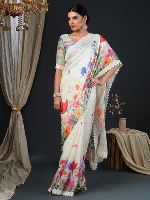 ANOUK Digital Print Bollywood Georgette Saree(White)