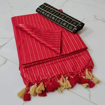 Zafreen Handloom Striped Bhagalpuri Cotton Silk Saree(Pink, Brown)