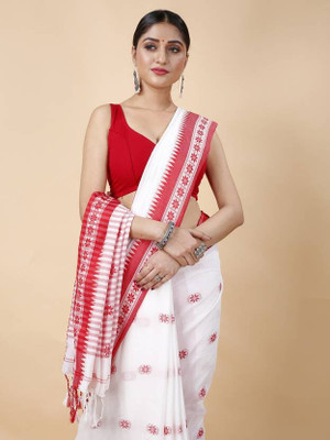 SAPTAK FASHION Woven Handloom Cotton Blend Saree(White, Red)