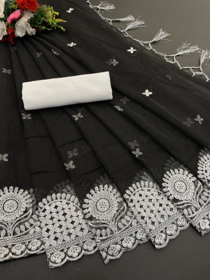 ChamundaTrends Embroidered, Floral Print Bollywood Cotton Silk Saree(Black)