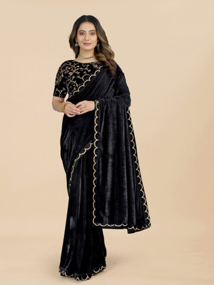 Apnisha Solid/Plain Bollywood Velvet Saree(Black)