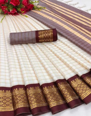 JbWorld Checkered, Woven Gadwal Cotton Silk, Pure Silk Saree(White, Maroon)