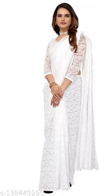 NEXA Solid/Plain Bollywood Net Saree(White)