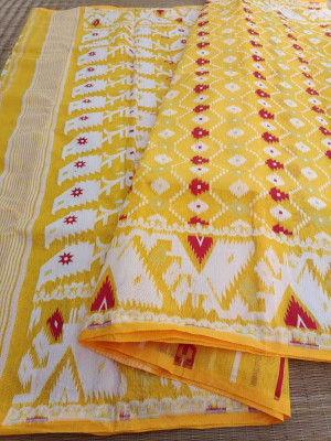 Dristikone Woven Jamdani Pure Cotton Saree(Yellow)
