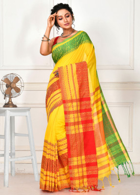 Mystory Printed Handloom Handloom Pure Cotton Saree(Red, Yellow, Green)